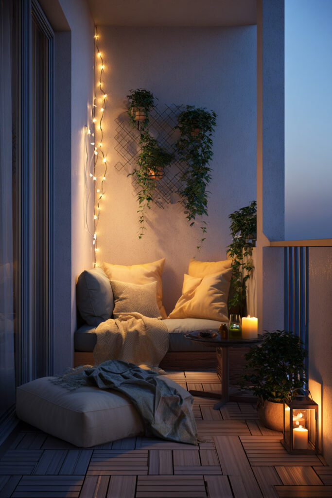 Small cozy balcony with string lights, candle lanterns, built-in seating, neutral pillows, and warm evening lighting.