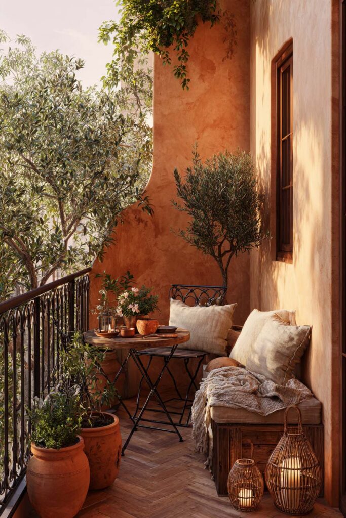 Small Mediterranean balcony with terracotta walls, olive tree, café table, built-in bench seating, woven lanterns, terracotta pots, and cozy outdoor retreat decor.