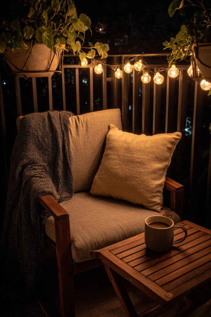 Cozy balcony chair with globe string lights, coffee mug, plants, and warm nighttime ambiance.