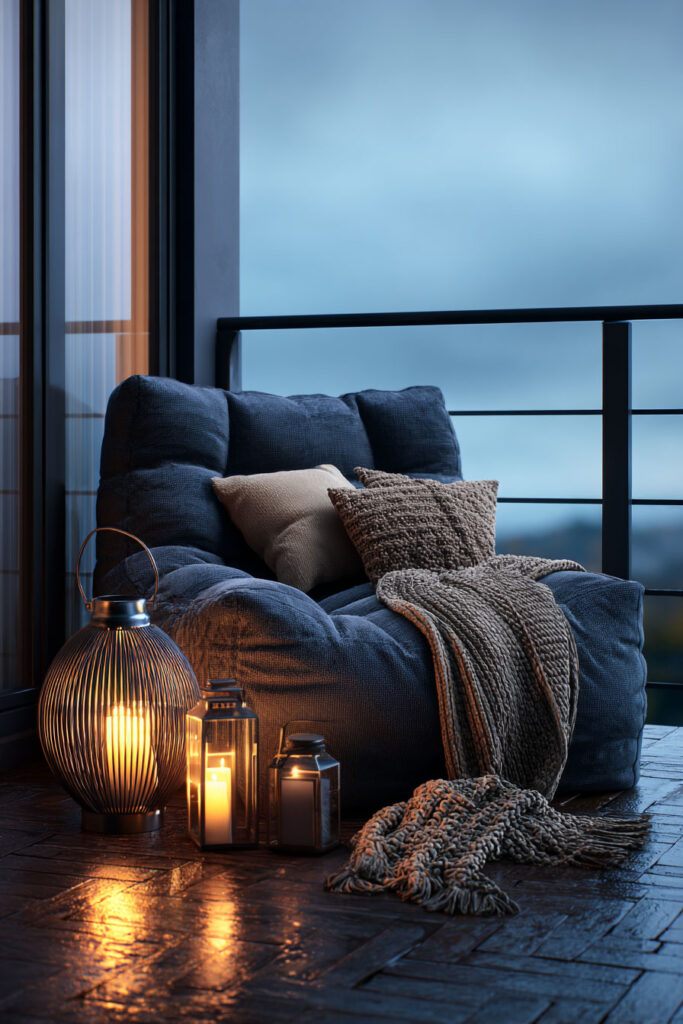 Moody blue hour balcony with oversized lounge chair, lantern candles, textured pillows, knit blanket, and warm evening lighting.