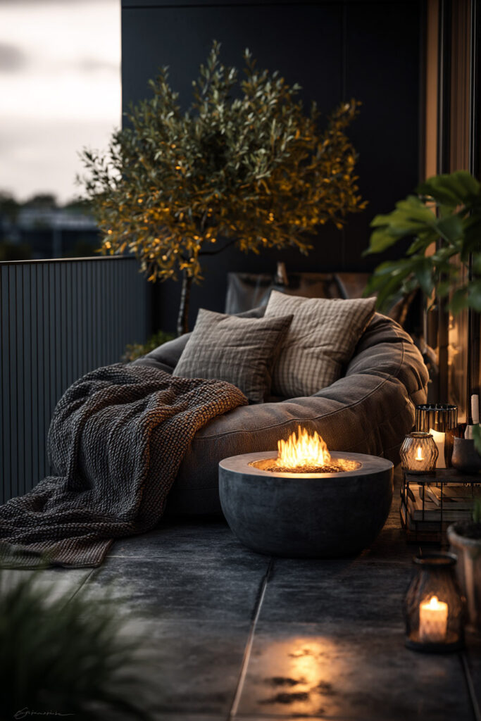 Dark apartment balcony with fire bowl, cozy lounge seating, textured blankets, warm ambient lighting, and a relaxing evening atmosphere.