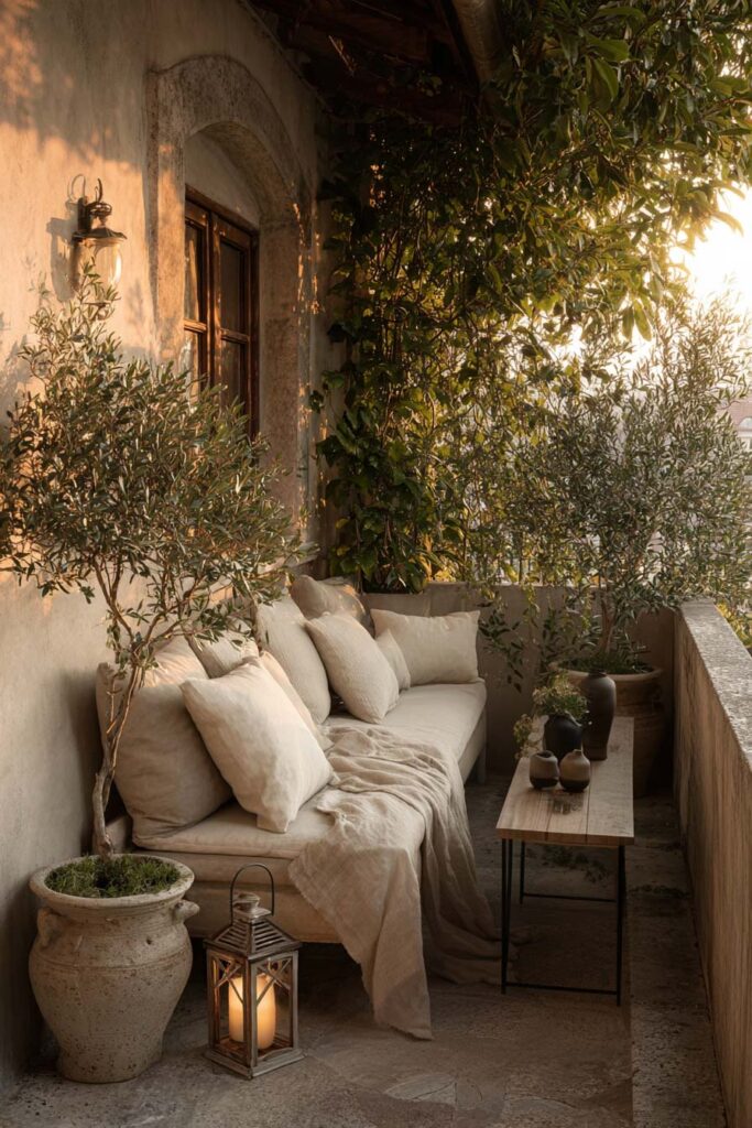 Mediterranean balcony with potted olive trees, trailing vines, lantern, cozy outdoor sofa, and layered greenery creating a resort-inspired retreat.