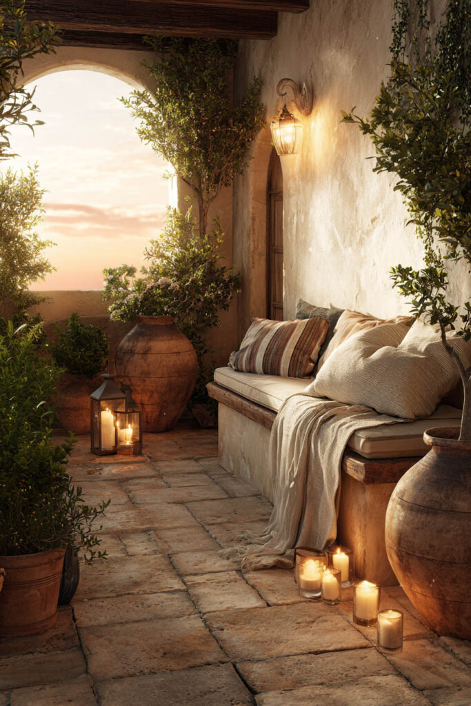 Mediterranean balcony at sunset with candle lanterns, terracotta planters, cozy built-in seating, warm wall lantern, and soft evening lighting.