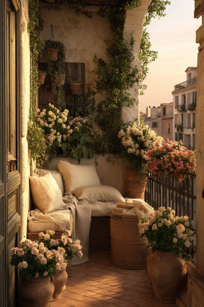 Paris balcony with built-in cushioned seating, candle lanterns, climbing vines, overhead greenery canopy, wrought iron railing, and hidden garden styling creating a cozy evening retreat.