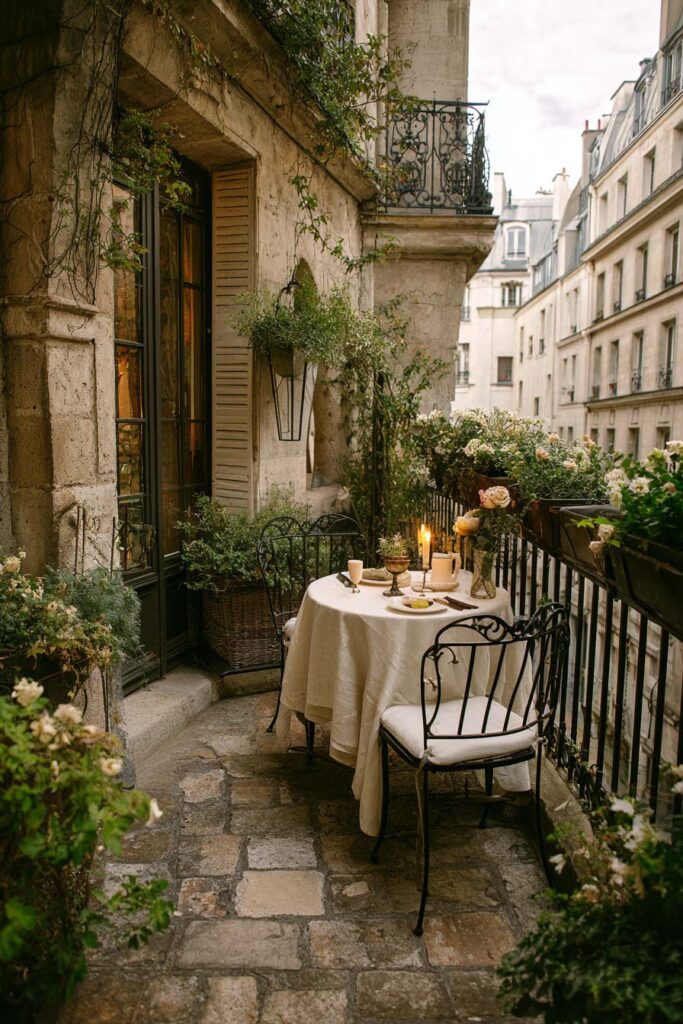 Parisian balcony dining area with linen tablecloth, wrought iron chairs, candlelight, flowers, and romantic apartment building view.