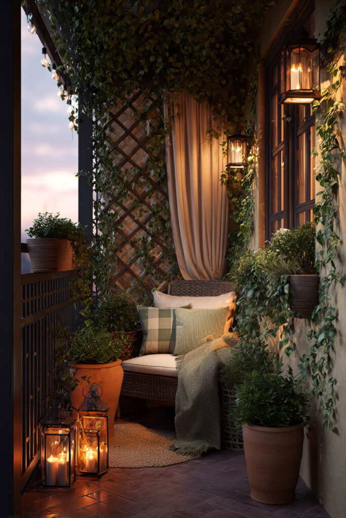 Private romantic balcony with trellis screen, climbing vines, lantern lighting, cozy chair, soft curtains, and lush greenery creating an enclosed retreat