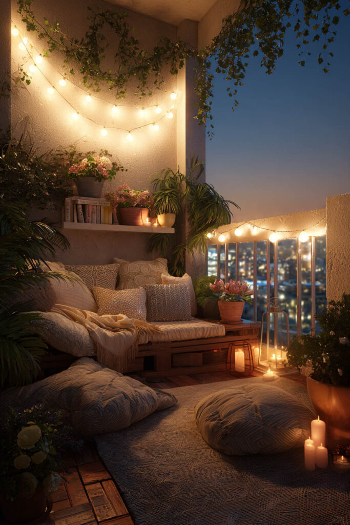 Romantic balcony lounge with string lights, floor cushions, candle lanterns, cozy seating, potted plants, and warm ambient lighting at dusk.