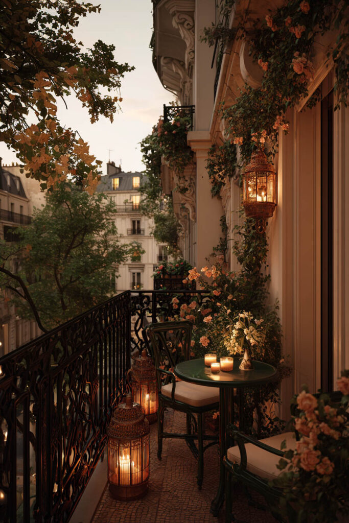 Romantic French balcony at dusk with candle lanterns, café table, wrought iron railing, flowers, and elegant Parisian apartment architecture