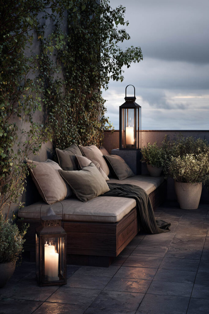 Romantic moody balcony at blue hour with candle lanterns, cozy built-in seating, lush greenery, and warm dusk lighting
