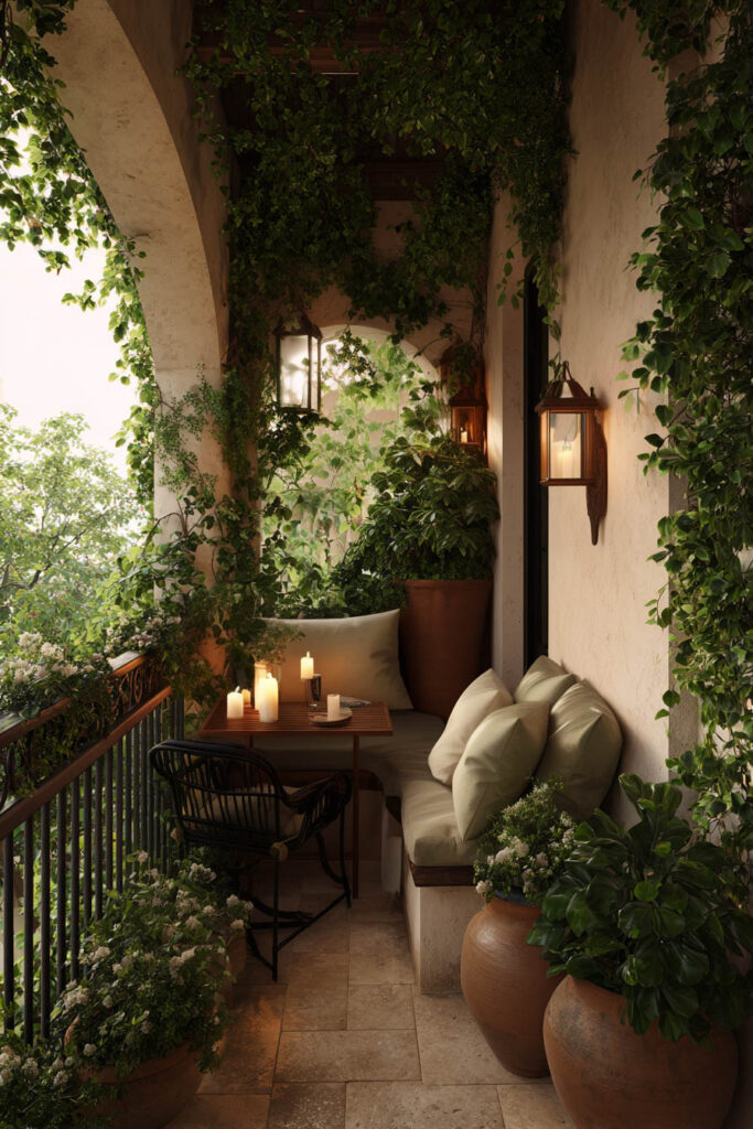 Small Mediterranean balcony with built-in bench seating, terracotta pots, climbing vines, candlelit café table, lush greenery, and private outdoor retreat design.