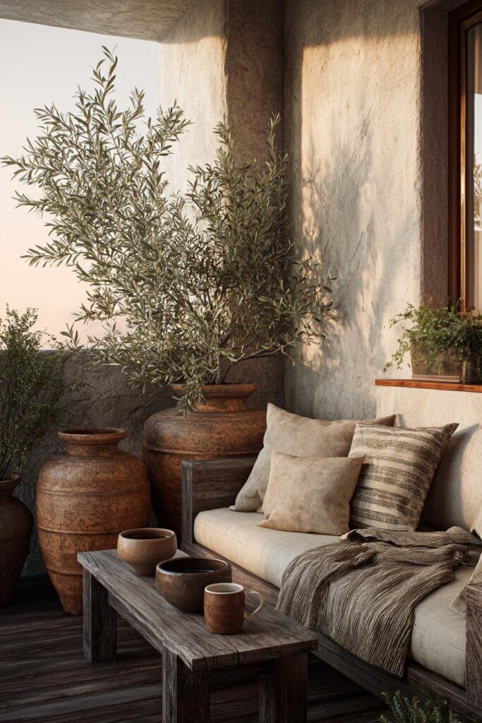 Mediterranean balcony with potted olive trees, oversized terracotta urns, neutral outdoor seating, and natural wood furniture creating a resort-inspired retreat.