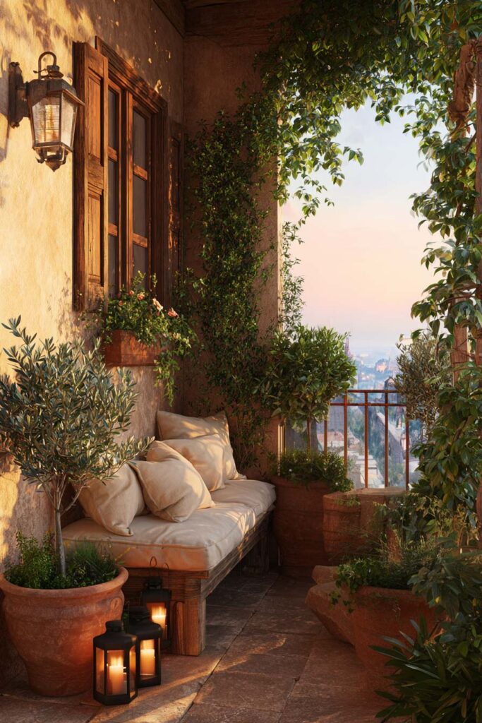 Mediterranean balcony at sunset with candle lanterns, terracotta pots, built-in bench seating, climbing vines, olive tree, and warm outdoor ambiance.