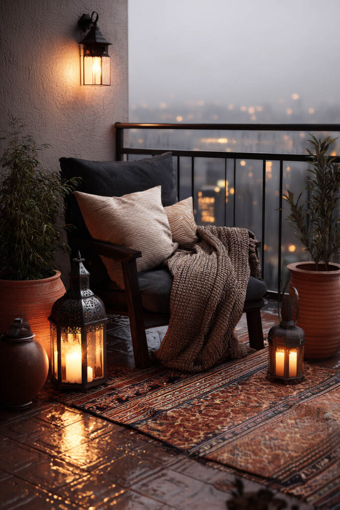 Moody boho balcony with lantern candles, cozy armchair, textured throw blanket, vintage rug, terracotta planters, and warm evening lighting.