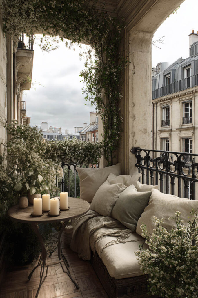 Parisian balcony with linen cushions, candlelit table, climbing vines, white flowers, and cozy outdoor seating overlooking historic city buildings.