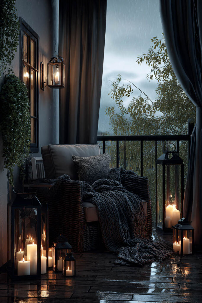 Rainy apartment balcony with cozy wicker chair, candle lanterns, soft knit blanket, dark curtains, and warm ambient lighting.