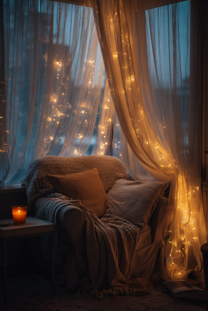 Romantic balcony chair with fairy lights woven through sheer curtains, cozy throw blankets, candlelight, and warm ambient lighting at night.