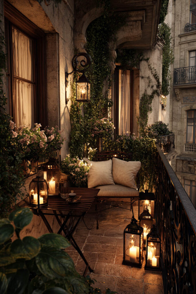 Romantic French balcony at night with candle lanterns, climbing ivy, flower boxes, wrought iron railing, and cozy Parisian seating area