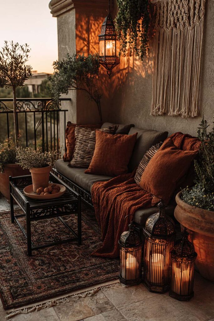 Romantic moody boho balcony with lantern candlelight, earthy cushions, terracotta planters, macrame wall hanging, and cozy outdoor seating