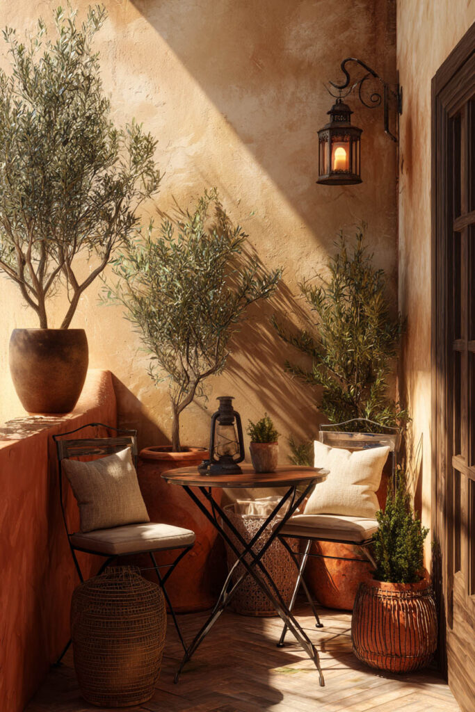 Small Mediterranean balcony with olive trees, terracotta walls, bistro table, folding chairs, lantern, and warm outdoor seating area.