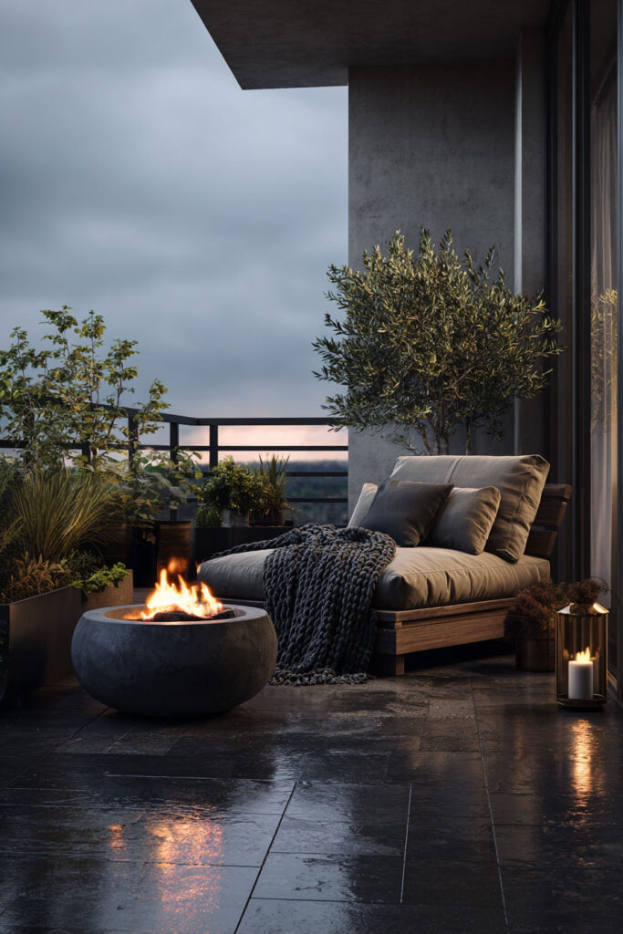 Dark apartment balcony with fire pit, cozy outdoor daybed, textured throw blanket, warm candlelight, and moody evening atmosphere.