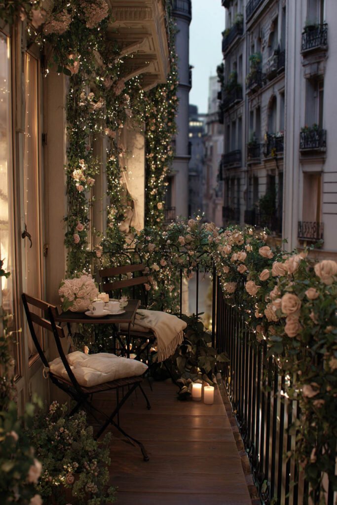 Romantic French balcony with fairy lights, climbing roses, candlelight, café table, flower-filled railings, and Parisian evening ambiance