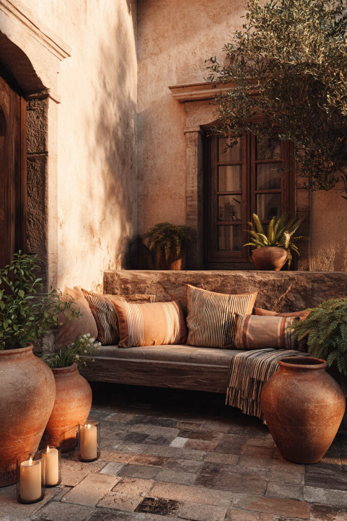 Mediterranean balcony with terracotta pots, candle lanterns, rustic wood bench, striped cushions, stone walls, and warm evening ambiance.