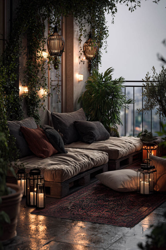 Moody boho balcony with floor lounge seating, lantern candles, hanging lights, cascading greenery, cozy cushions, and warm evening ambiance.