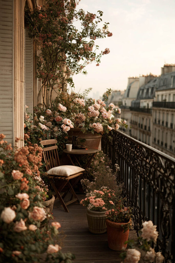 Parisian balcony overflowing with blush roses, weathered planters, wooden chair, wrought iron railing, and romantic city views.