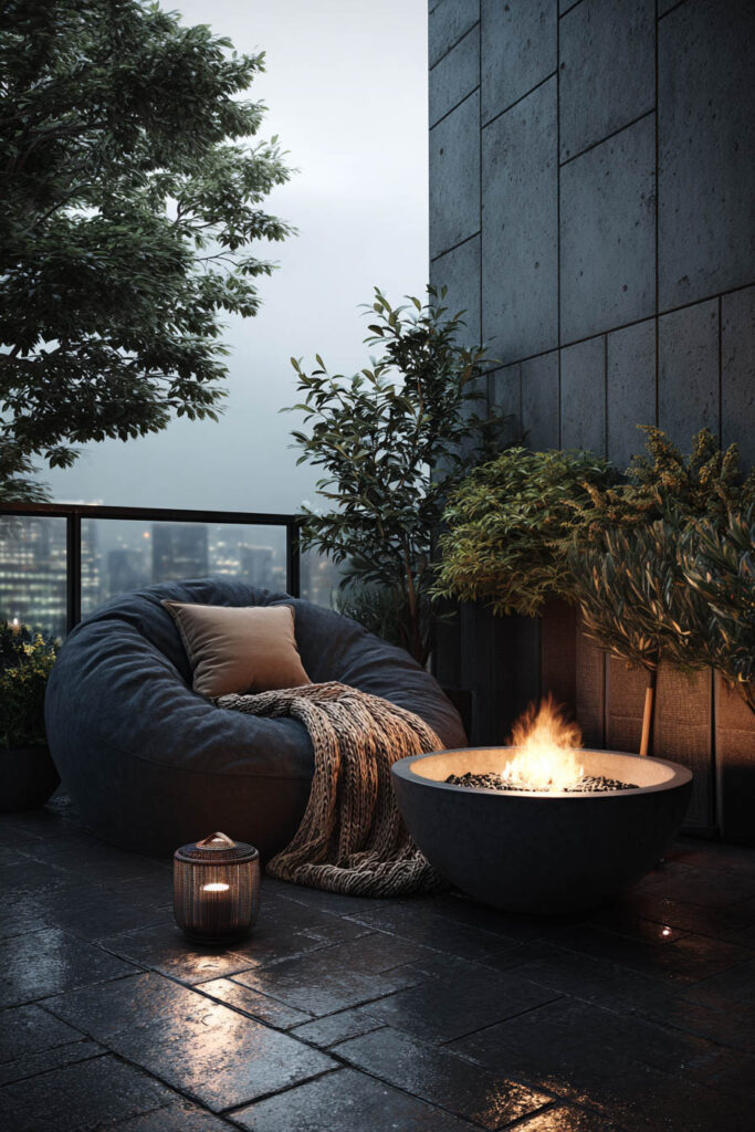 Dark apartment balcony with fire pit, oversized lounge chair, soft throw blanket, warm ambient lighting, and modern outdoor decor.