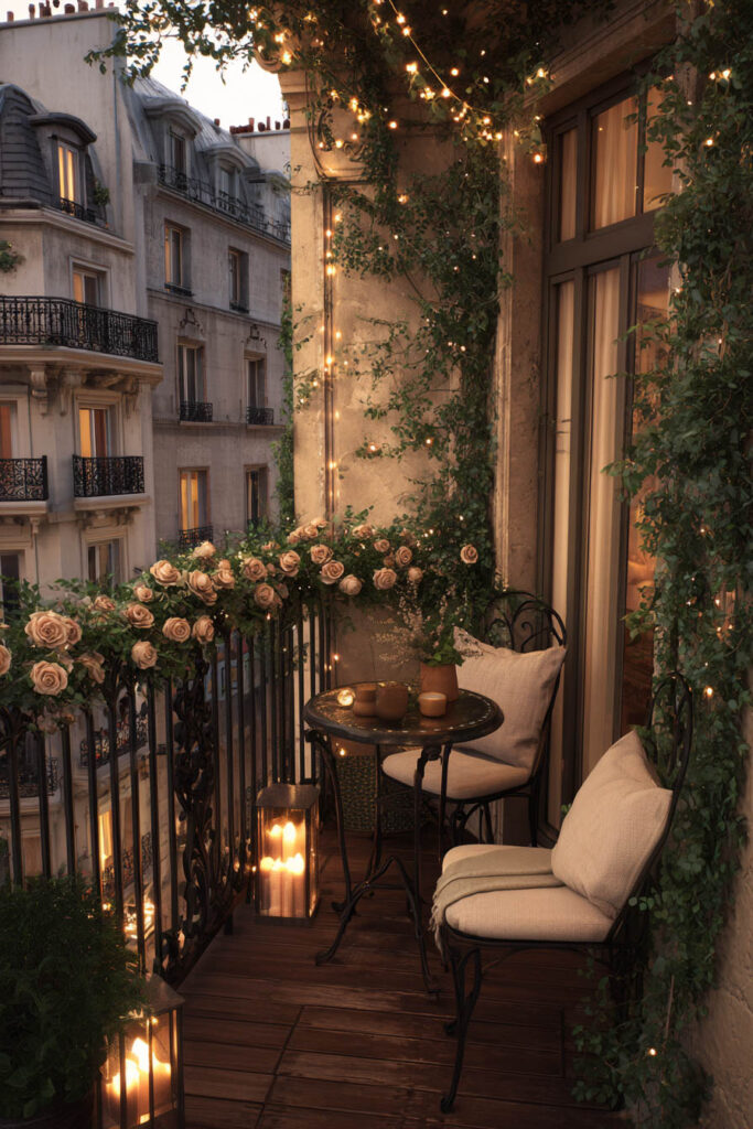 French balcony with fairy lights, candle lanterns, blush roses, wrought iron chairs, climbing greenery, and romantic Parisian evening decor
