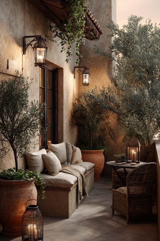 Mediterranean balcony with wall lanterns, candle lantern, olive trees, terracotta planters, wicker chairs, and cozy outdoor seating illuminated for summer nights.