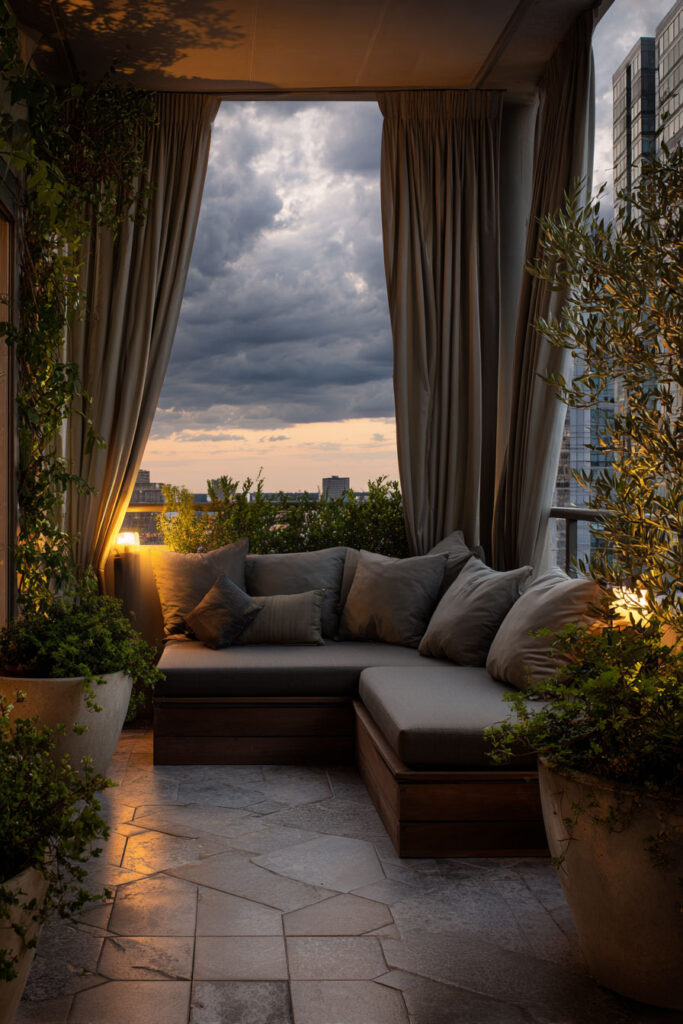 Moody balcony retreat with outdoor curtains, sectional seating, lush greenery, warm lighting, and dramatic evening sky.