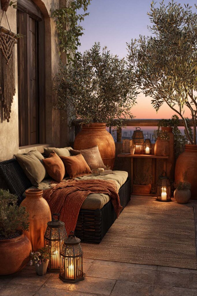 Romantic moody boho balcony with terracotta planters, lantern candlelight, olive trees, earthy textiles, and cozy outdoor seating