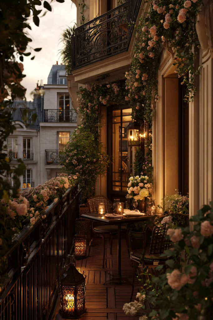 Romantic Parisian balcony at dusk with lanterns, candlelight, climbing roses, wrought iron railing, and cozy outdoor dining area.