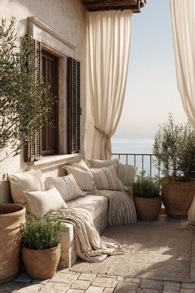 Small Mediterranean balcony with linen curtains, neutral pillows, olive trees, terracotta pots, outdoor rug, built-in seating, and coastal ocean view.