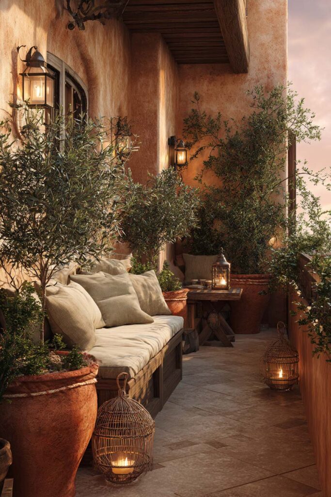 Mediterranean balcony with wall lanterns, candlelit wicker lanterns, olive trees, terracotta planters, cozy bench seating, and warm evening lighting.