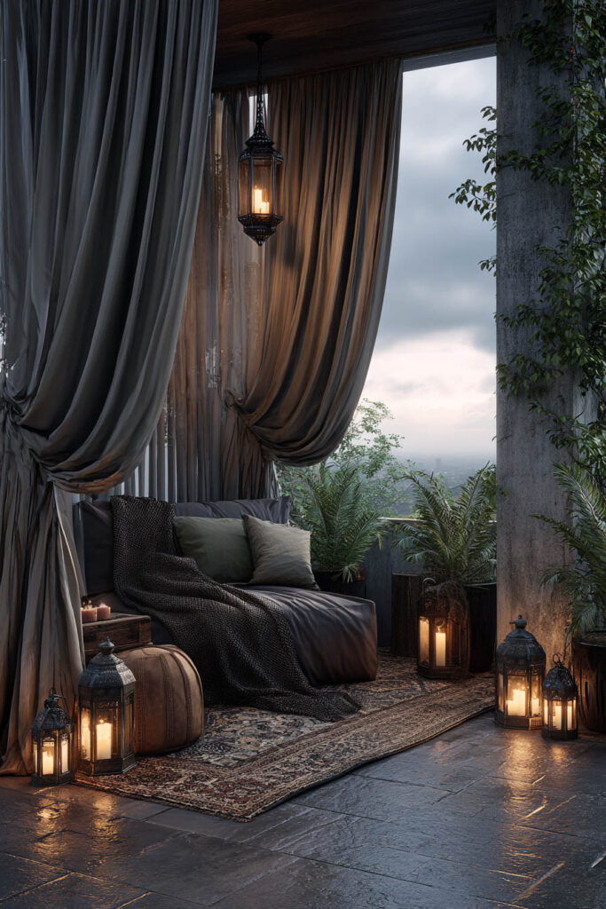 Moody balcony with outdoor curtains, lantern candles, cozy lounge seating, layered textiles, and warm evening lighting.
