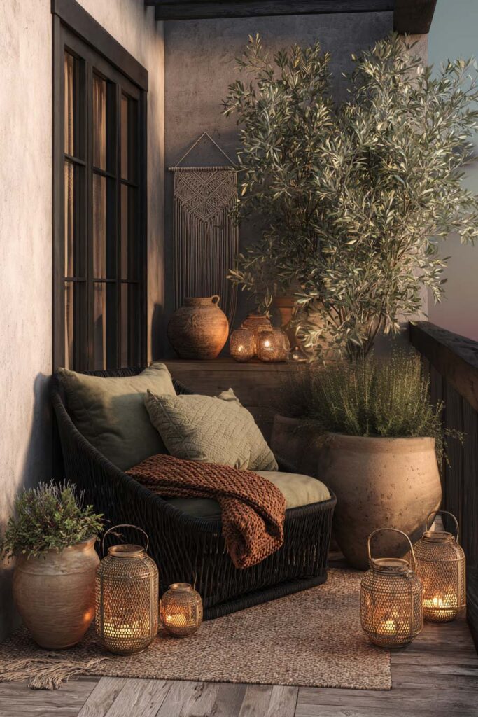Moody boho apartment balcony with woven chair, candle lanterns, layered textiles, olive tree, and warm ambient lighting.