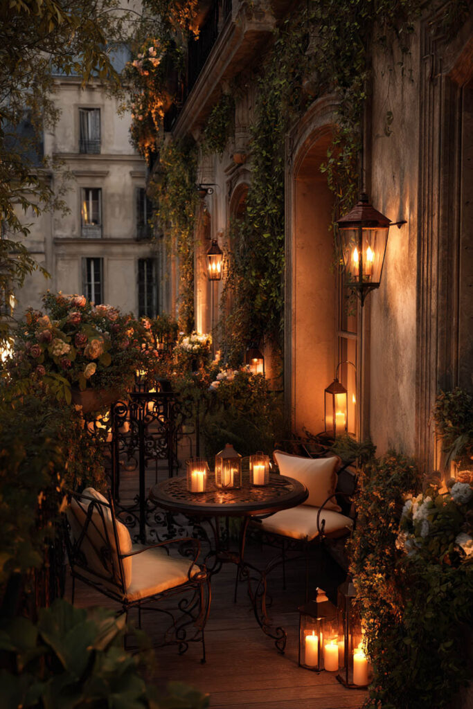 Romantic Parisian balcony at night with lanterns, candles, climbing vines, wrought iron furniture, and warm ambient lighting.