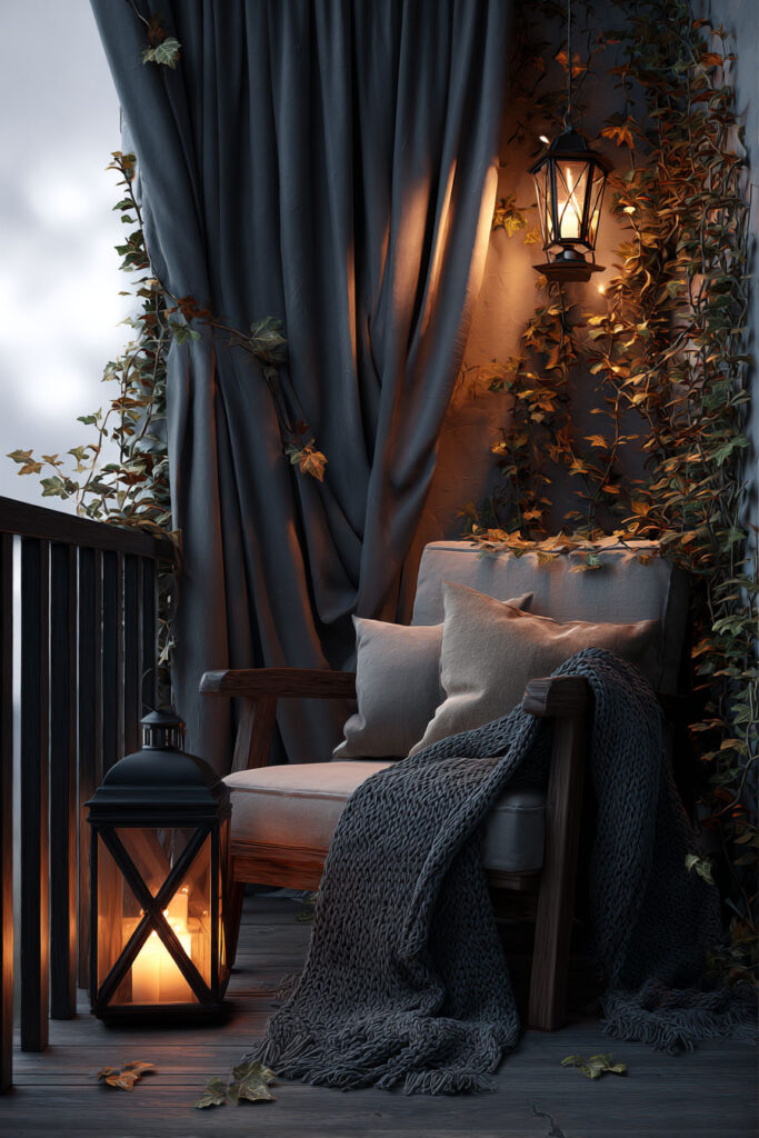 Romantic moody balcony with outdoor curtains, lantern candlelight, cozy armchair, climbing vines, and warm evening ambiance