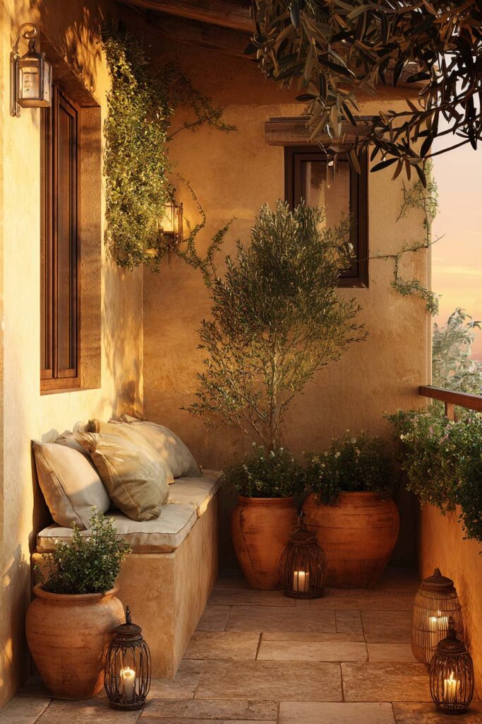 Mediterranean balcony with terracotta planters, olive tree, candle lanterns, built-in bench seating, stucco walls, and warm evening lighting.