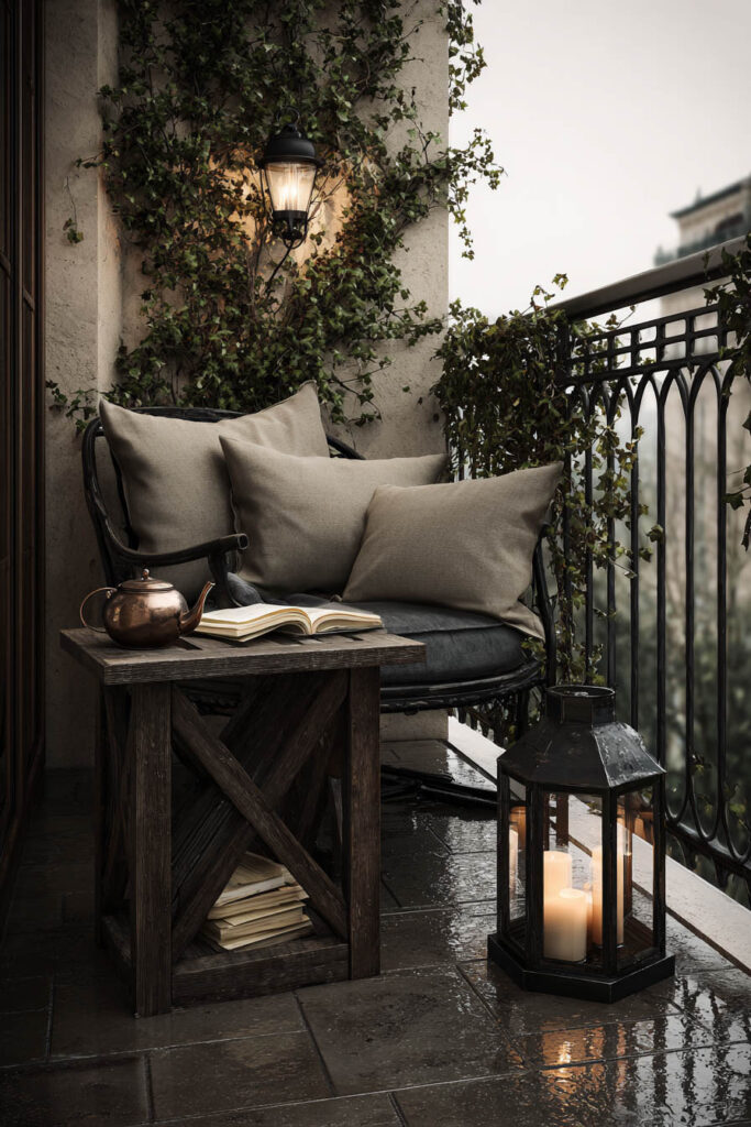 Moody balcony tea station with lantern candle, rustic side table, cozy chair, open book, teapot, climbing vines, and warm evening lighting.