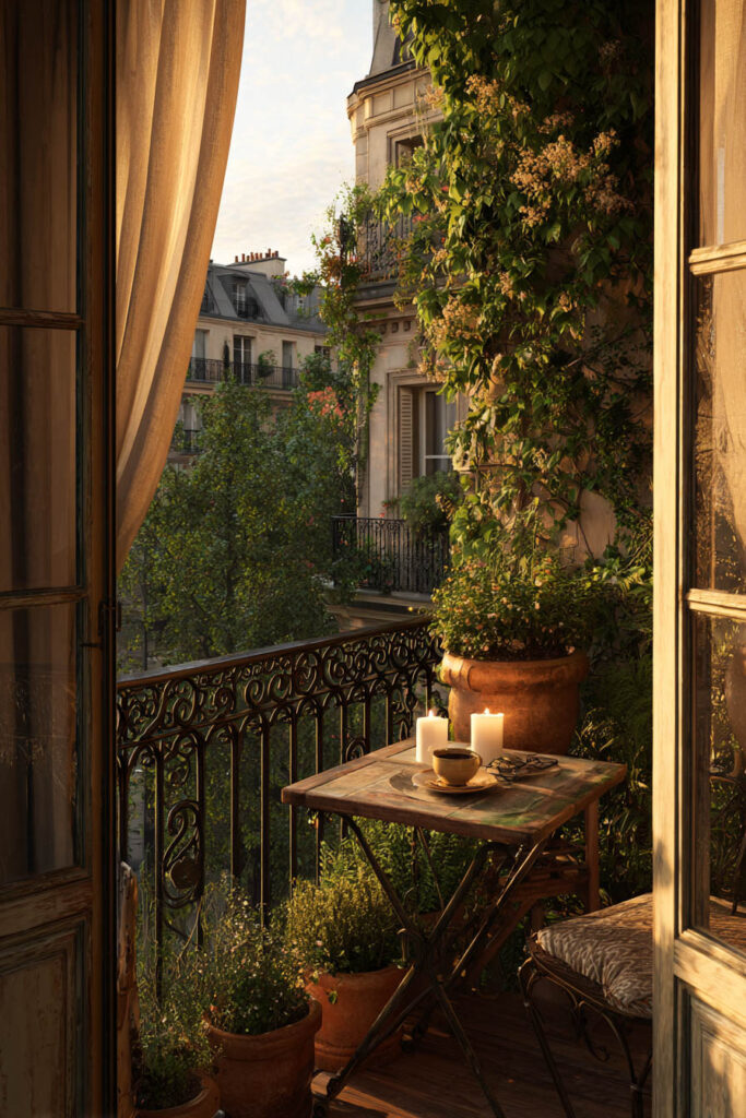 Parisian balcony with bistro table, candles, terracotta pots, climbing vines, linen curtains, and warm golden evening light.