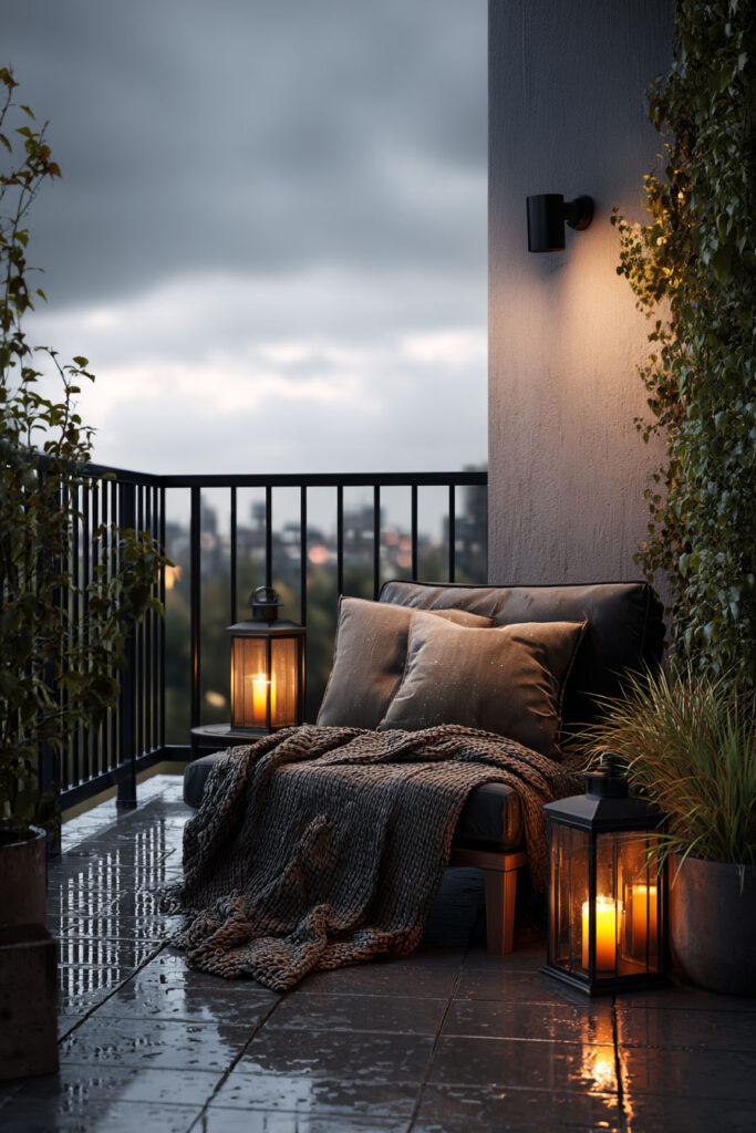Rainy apartment balcony with cozy lounge chair, candle lanterns, soft knit blanket, wet reflective flooring, and warm ambient lighting.