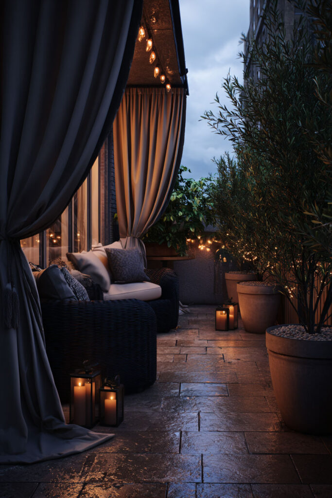 Romantic moody balcony with outdoor curtains, string lights, candle lanterns, cozy seating, and private evening ambiance