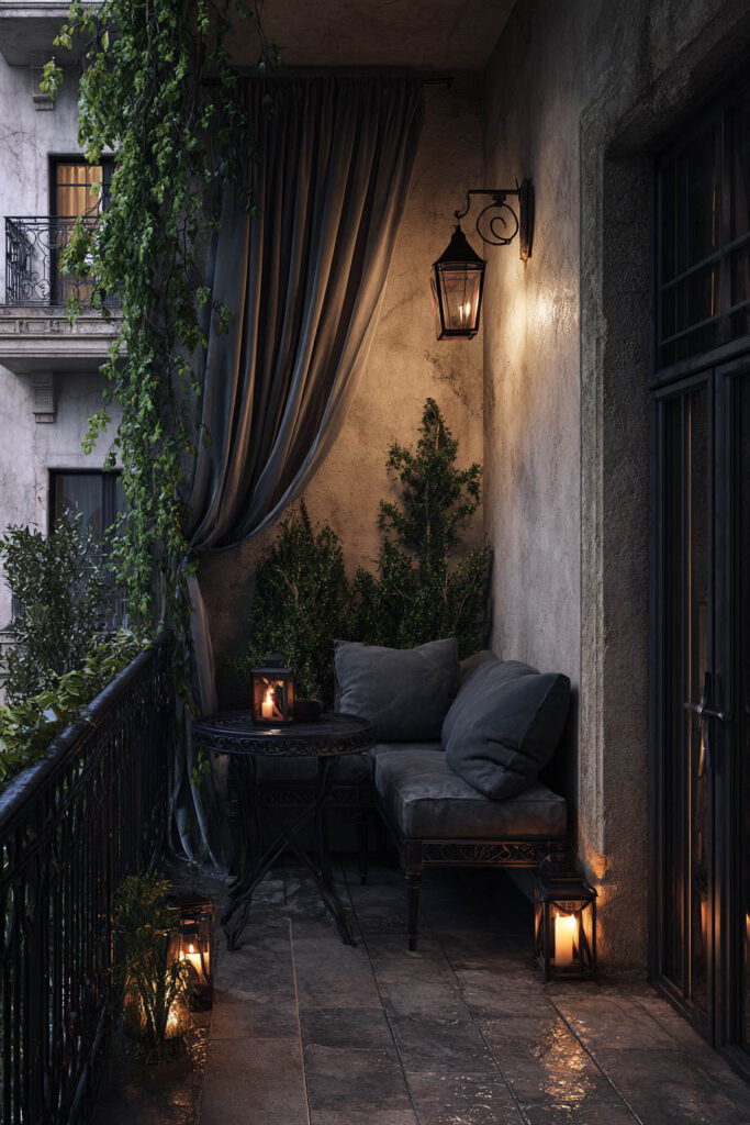 Dark apartment balcony with candle lanterns, outdoor curtains, cozy seating, climbing greenery, and a rainy evening atmosphere.