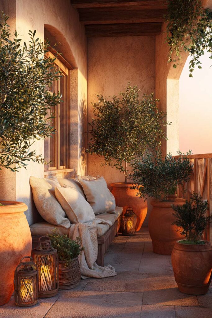 Mediterranean balcony with olive trees, terracotta planters, lantern lighting, cozy bench seating, and warm sunset glow creating a relaxing outdoor retreat.