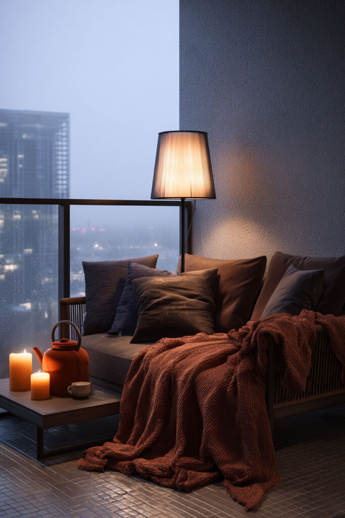 Moody balcony with cozy outdoor sofa, warm lamp, candles, knit blanket, rainy city view, and comfortable evening seating.