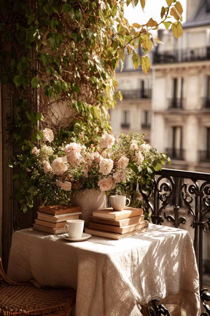 Parisian balcony table with blush roses, stacked books, coffee cups, linen tablecloth, climbing ivy, and warm golden sunlight.