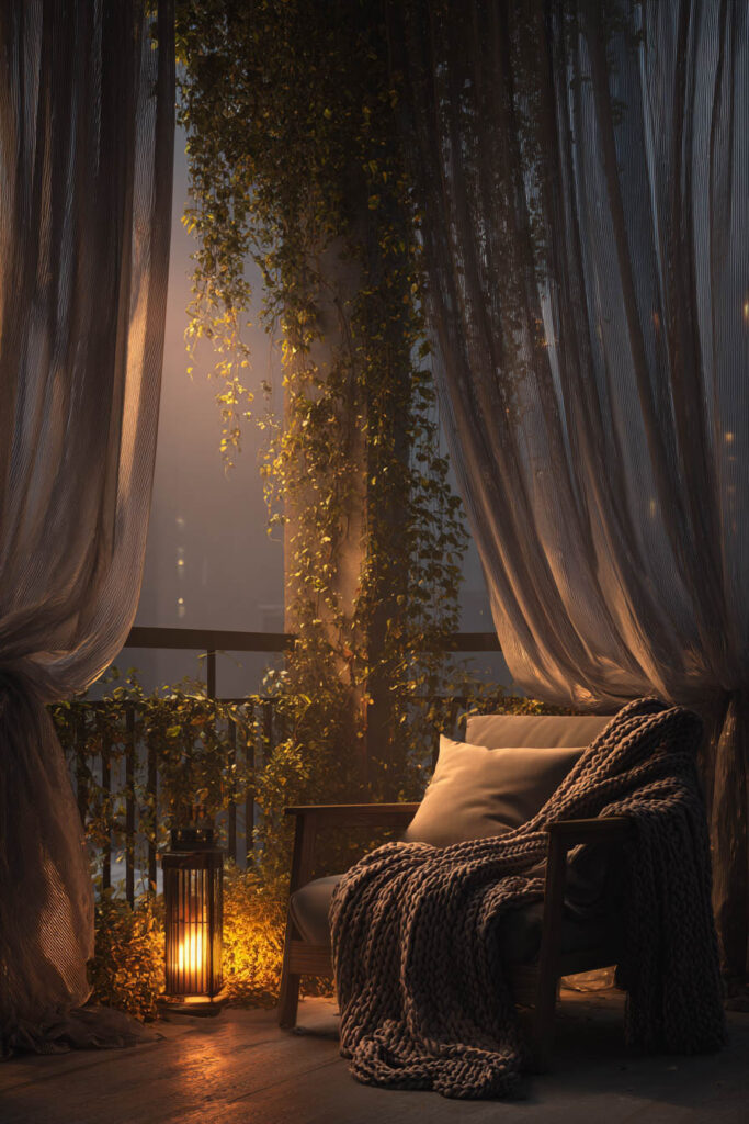 Romantic moody balcony with sheer outdoor curtains, cozy chair, knit throw blanket, lantern lighting, and warm evening ambiance